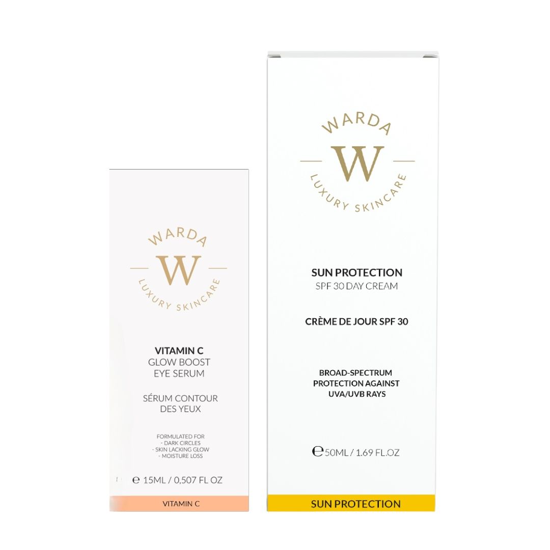 Zwei Verpackungen. Aufschrift: Vitamin C, LSF 30. Marke: Warda Luxury Skincare.