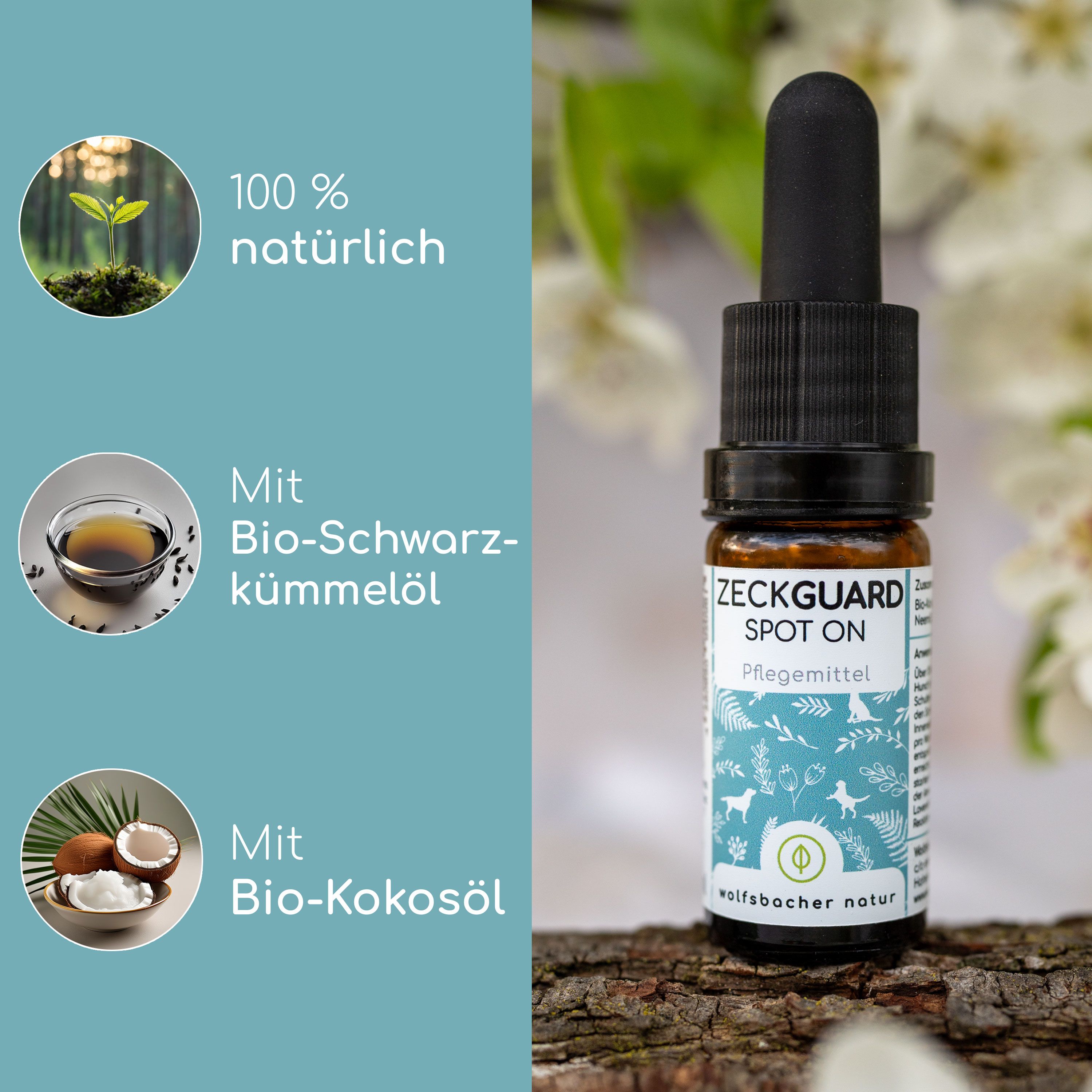 Spot-On-Flasche neben Icons: 100% natürlich, mit Bio-Schwarzkümmelöl, mit Bio-Kokosöl. Aufschrift: ZECKGUARD Spot On.