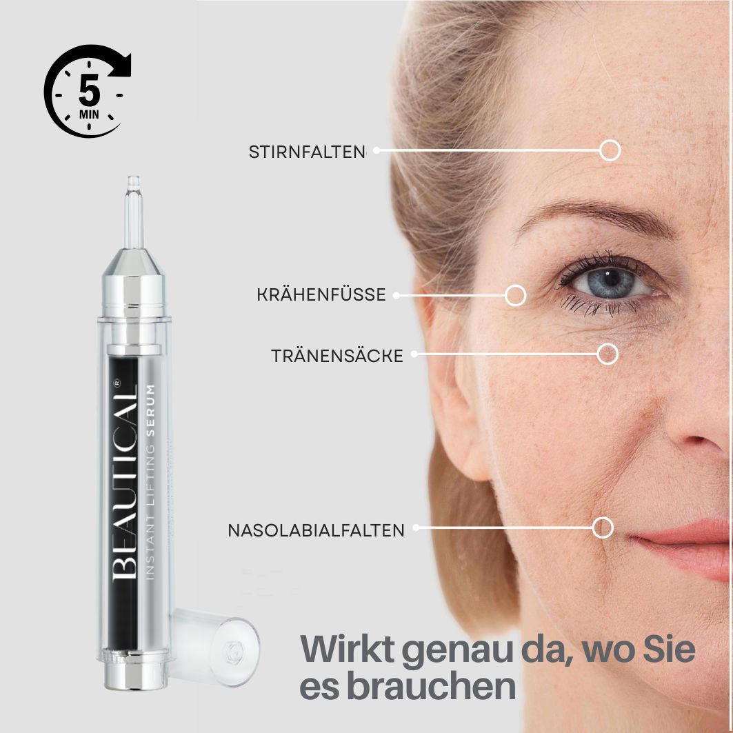 Frauengesicht mit Falten. Serum-Flakon. Aufschrift: BEAUTICAL Instant Lifting Serum.