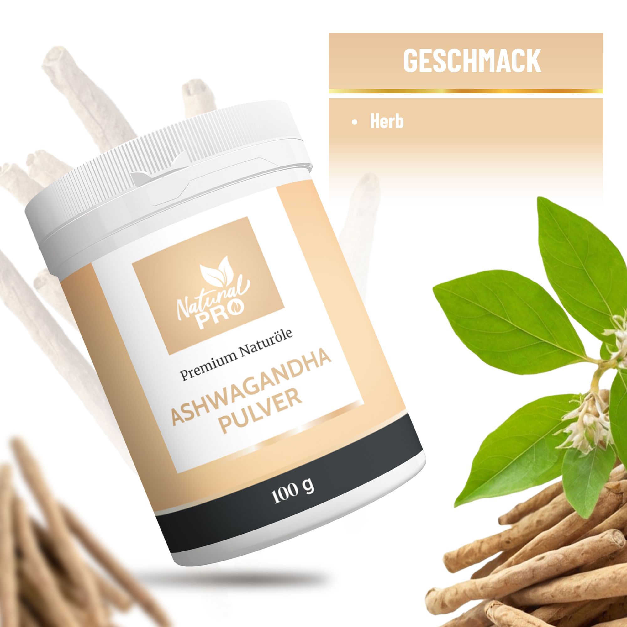 Behälter mit Natural Pro Ashwagandha Pulver, 100 g. Text: Geschmack: Herb. Hintergrund: Pflanzen, Stäbe und grüne Blätter.