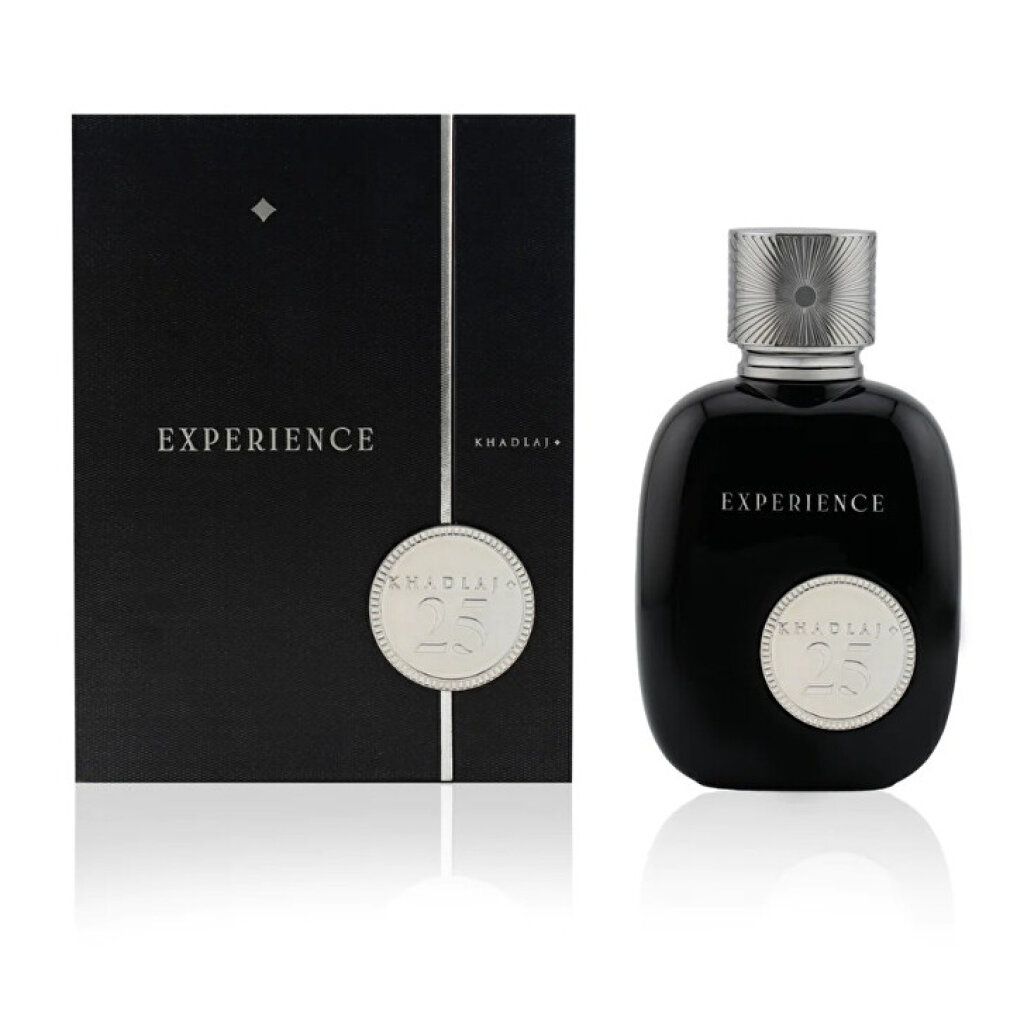 Schwarze Parfümflasche neben einer schwarzen Geschenkbox. Beide mit "EXPERIENCE" und "25" beschriftet.