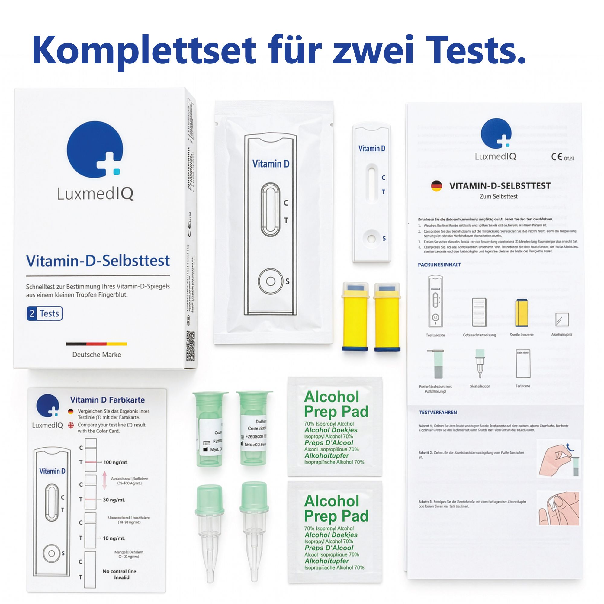 Komplettset für zwei Vitamin D Tests. Enthält Testkarten, Probenröhrchen, Alkoholtupfer und Anleitungen.