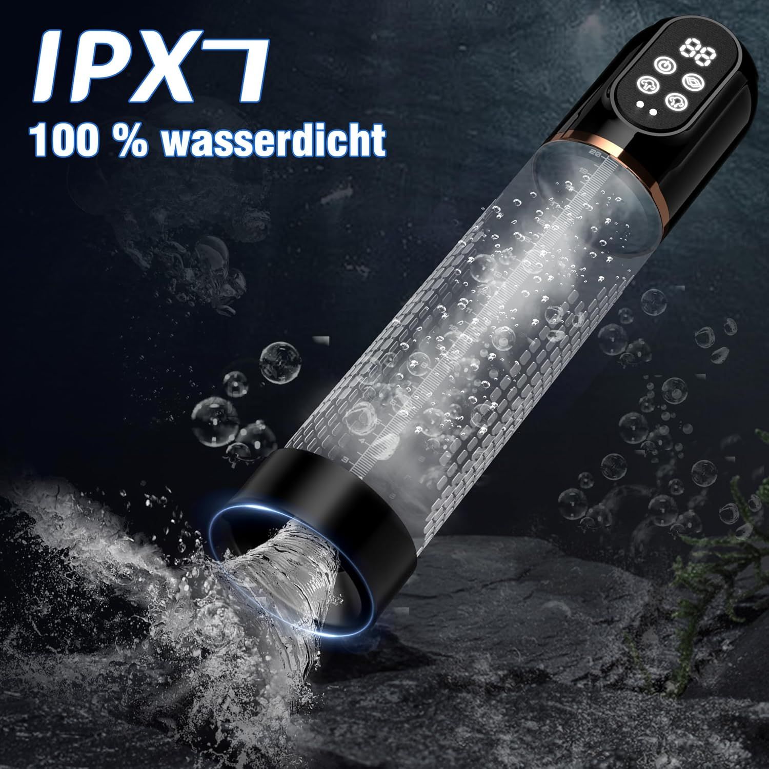 Pumpe mit digitalem Display. Wasserdicht IPX7. Schwarzes Gehäuse mit goldenen Akzenten.