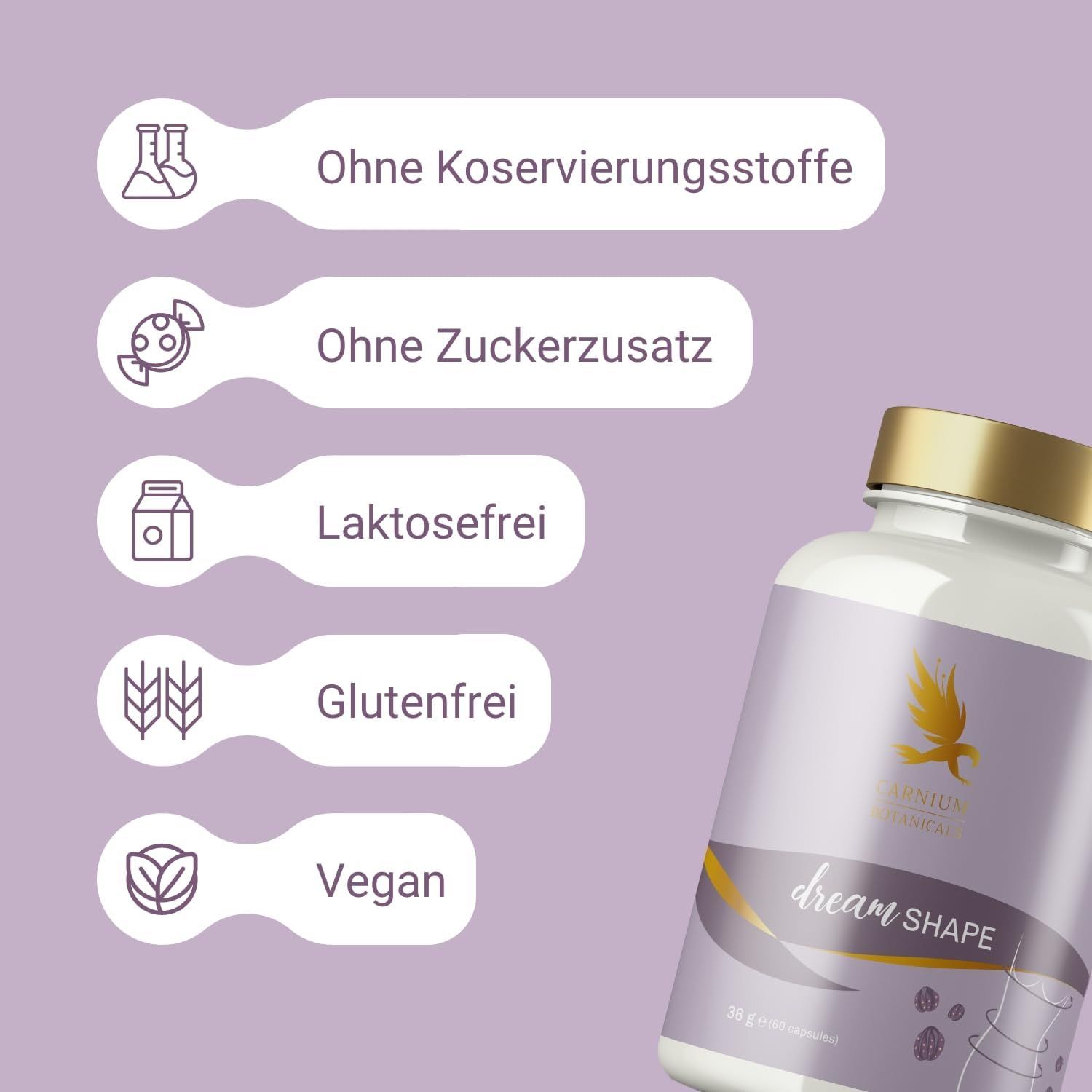 Dream Shape Flasche mit Text: Ohne Konservierungsstoffe, Ohne Zuckerzusatz, Laktosefrei, Glutenfrei, Vegan. Lila Hintergrund.