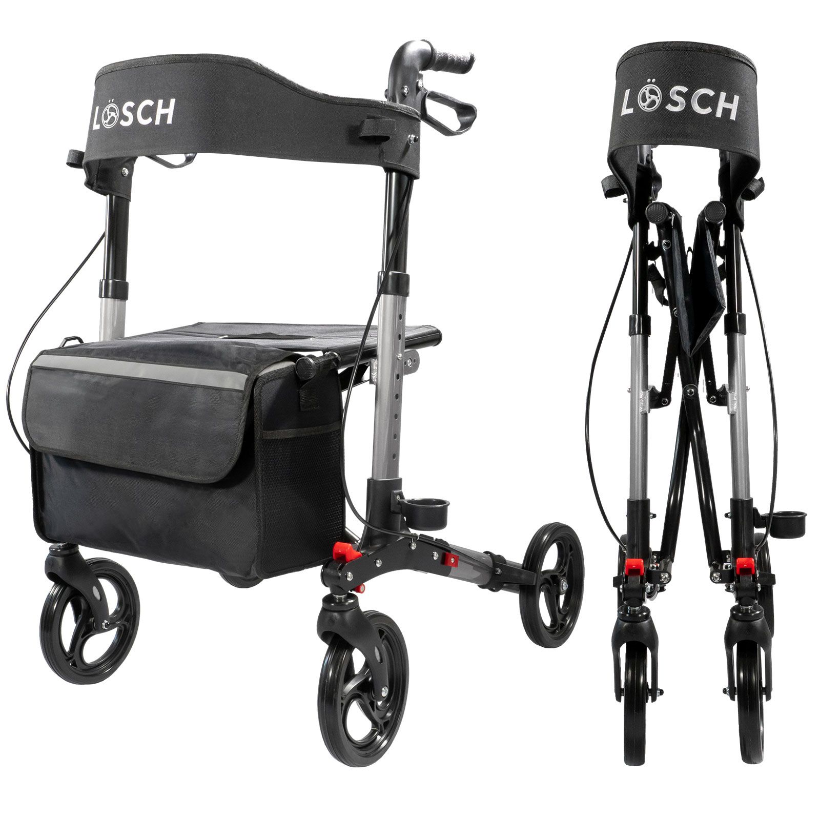 Rollator mit schwarzem Sitz, Tasche und Rädern. Marke: Lösch. Zusammengeklappt.