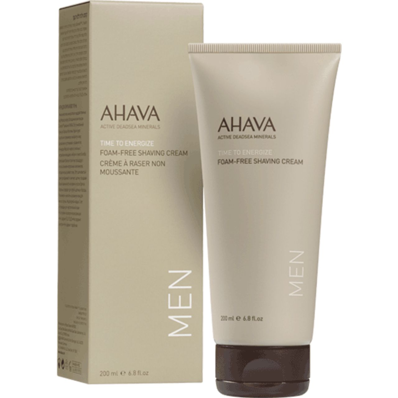 Rasiercreme-Tube und Verpackung. Beige Tube und Schachtel. Aufschrift: AHAVA, TIME TO ENERGIZE, MEN.