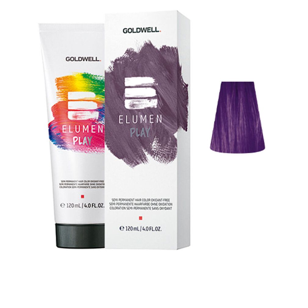 Haarfarbe-Packung. Tube und Schachtel mit Produktnamen und Farbmuster. Violett. Goldwell Elumen Play.