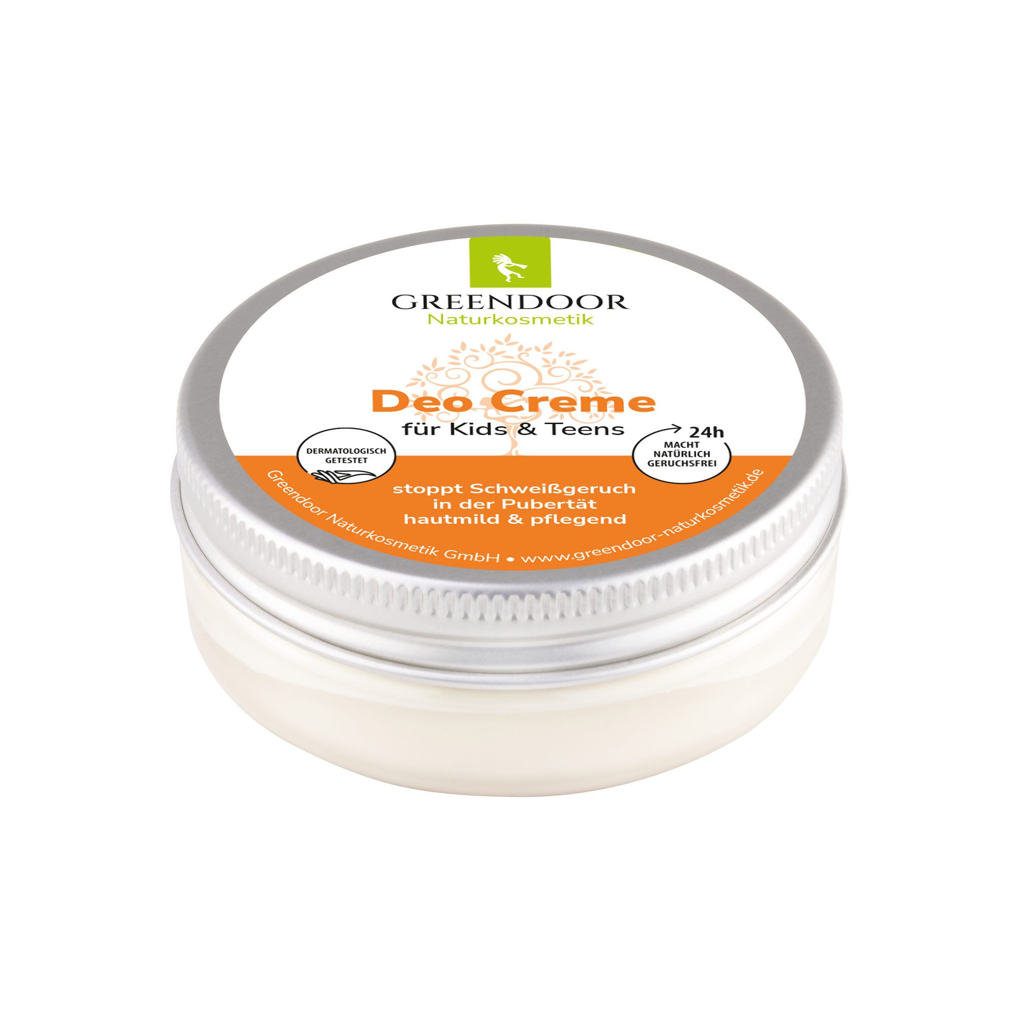 Deo Creme für Kids & Teens in einem runden Tiegel mit silbernem Deckel. Auf dem Etikett steht GREENDOOR Naturkosmetik.