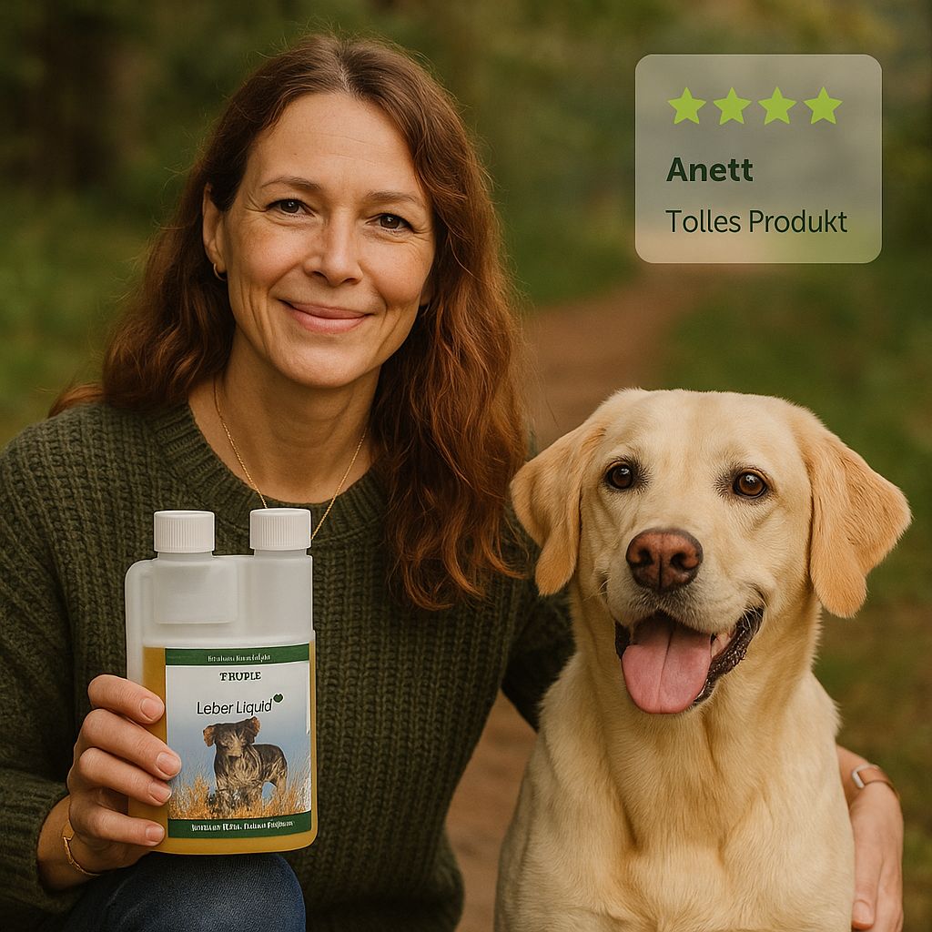 Frau hält Flasche mit Etikett "Leber Liquid". Auf dem Etikett ist ein Dackel abgebildet. Neben ihr sitzt ein Hund. Im Hintergrund ein Weg.