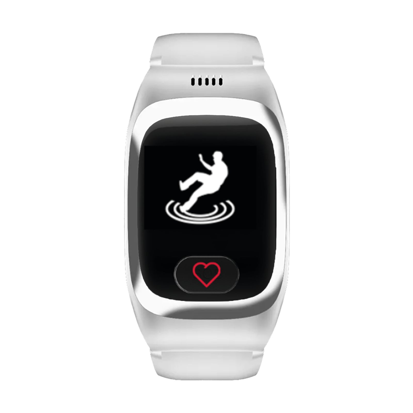 Weiße Smartwatch mit Herzfrequenzsensor. Display zeigt Sturzerkennungssymbol und SOS-Taste.