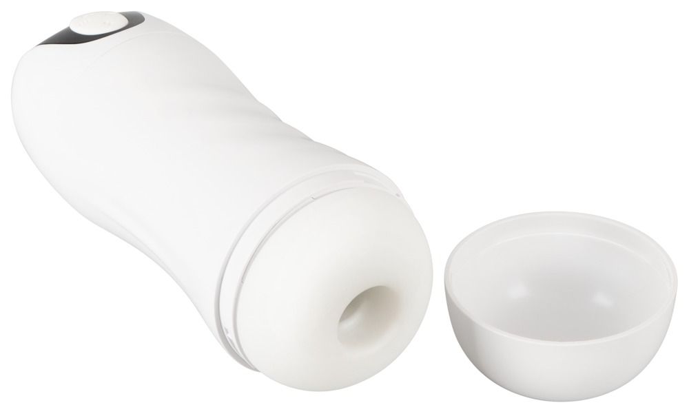 Weißer Masturbator mit abnehmbarer Schutzkappe. Oberseite mit Bedienfeld. Unterseite mit Öffnung.