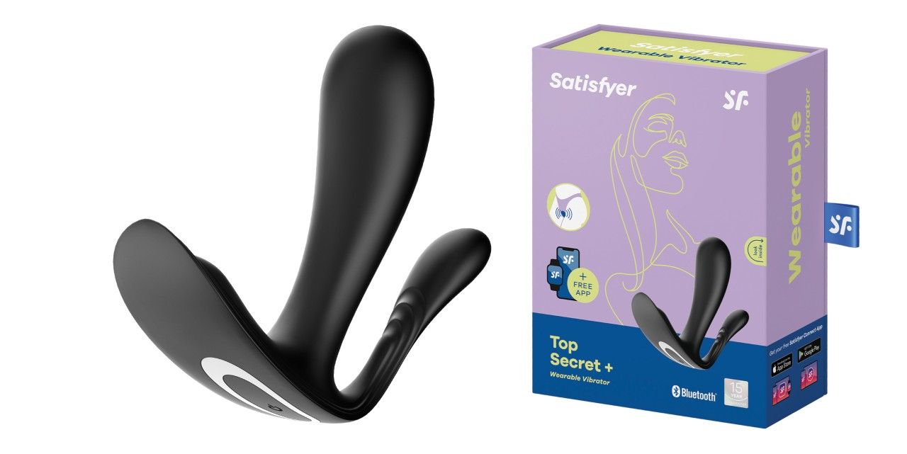 Schwarzer Vibrator neben Verpackung. Verpackung mit Produktabbildung, Schriftzug "Top Secret +" und "Satisfyer".