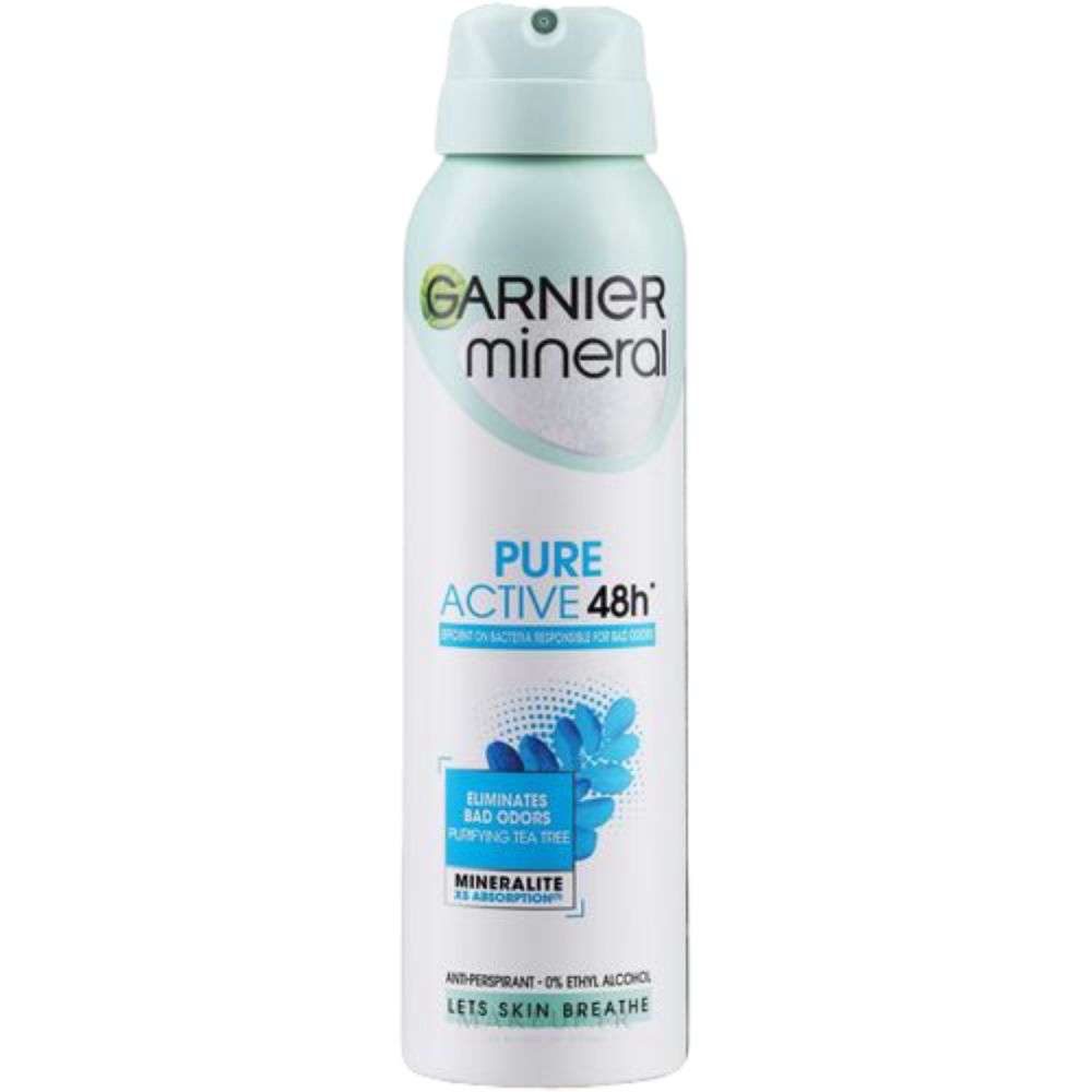 Deodorant-Spray von Garnier Mineral. Weiß-blaue Dose mit Sprühkopf. Schriftzug: Pure Active 48h, Mineralite.