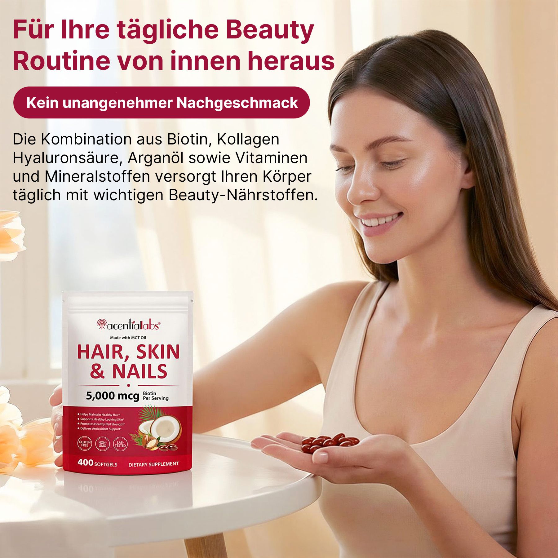 Acentiallabs Nahrungsergänzungsmittel Biotin Hochdosiert für Haut Haare Nägel mit Vitaminen