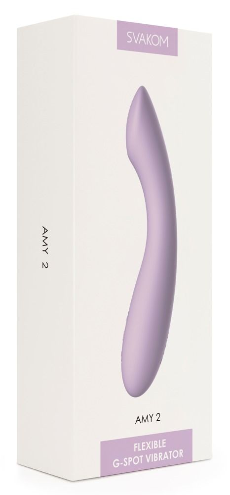 Verpackung. Weißer Karton. Produktname: Amy 2. Marke: Svakom. Lila Vibrator abgebildet.
