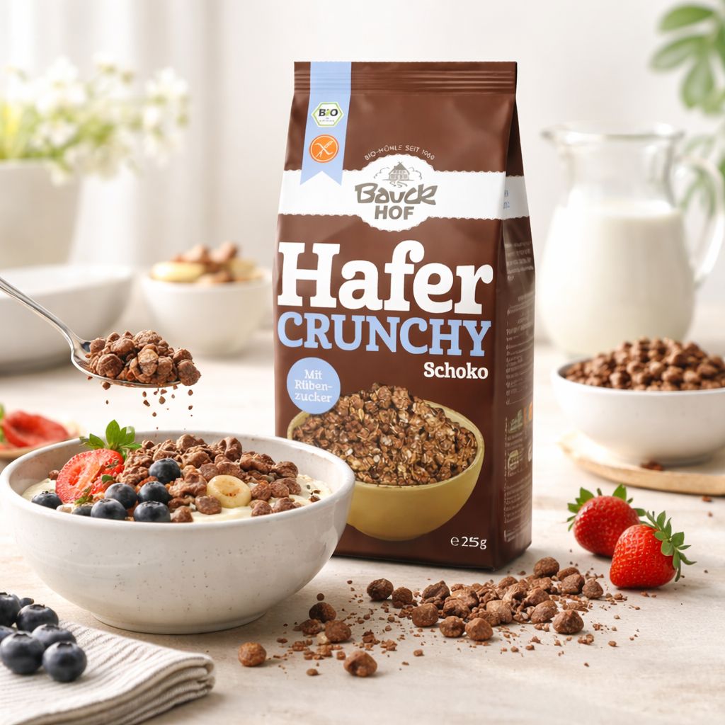 Bauckhof Hafer Crunchy Schoko glutenfrei Müsli in einer braunen Packung, daneben eine Schüssel mit Müsli und Früchten.