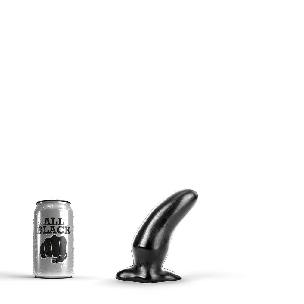 Schwarzer Dildo neben einer Dose mit dem Aufdruck "ALL BLACK".