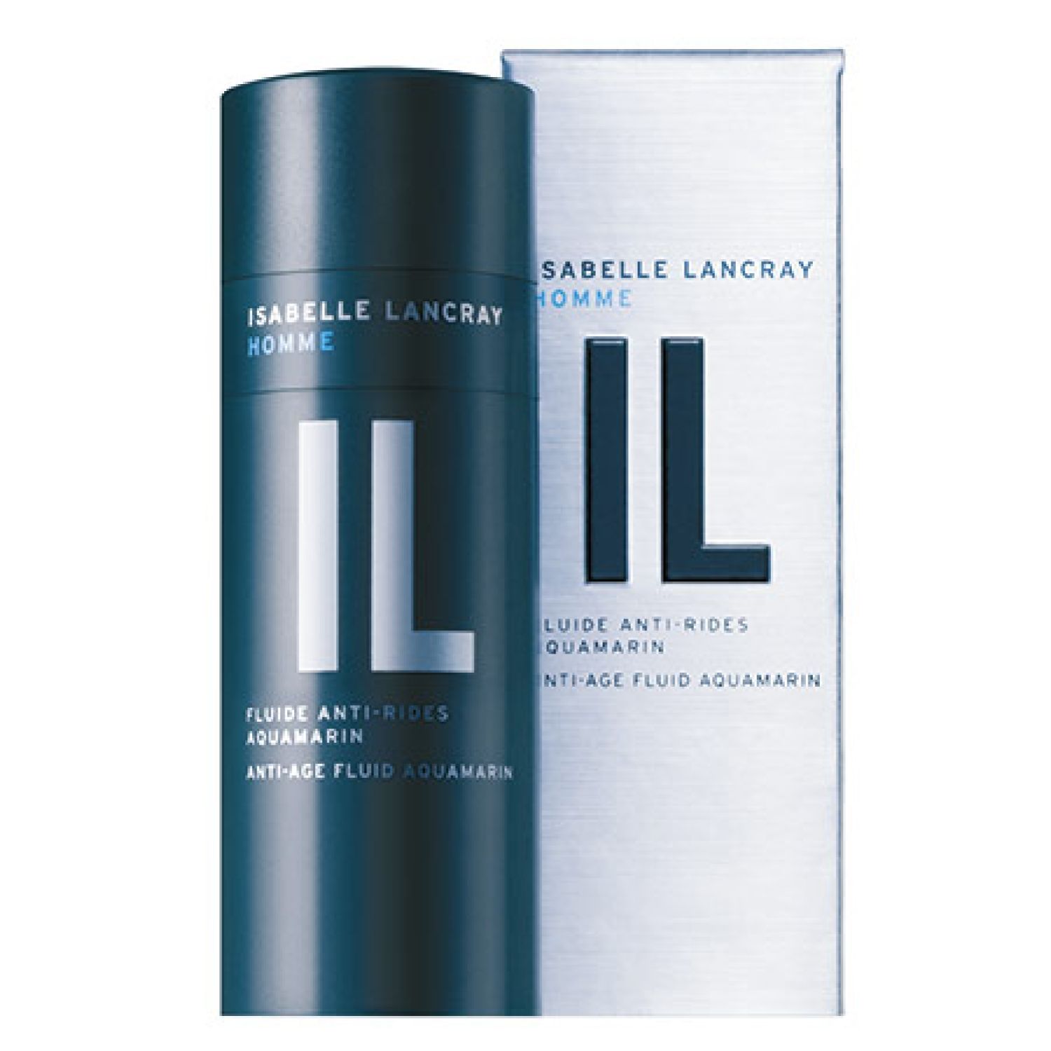 Zylindrische Flasche und Verpackung. Aufschrift: Isabelle Lancray Homme, Fluide Anti-Rides Aquamarin. Schwarzer Hintergrund, weiße Schrift.