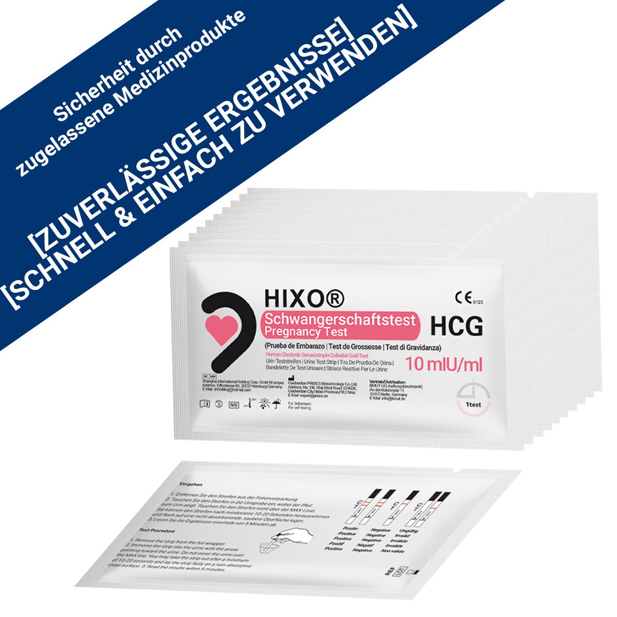 Mehrere Verpackungen mit Schwangerschaftstests. Marke HIXO, Text: 10 mIU/ml, CE-Kennzeichnung. Einzelne Teststreifen mit Ergebnisanzeige.