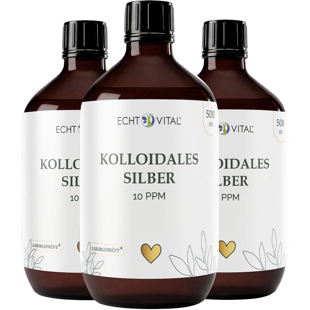 Drei Braunglasflaschen mit Echt Vital Kolloidales Silber 10 ppm Etikett.