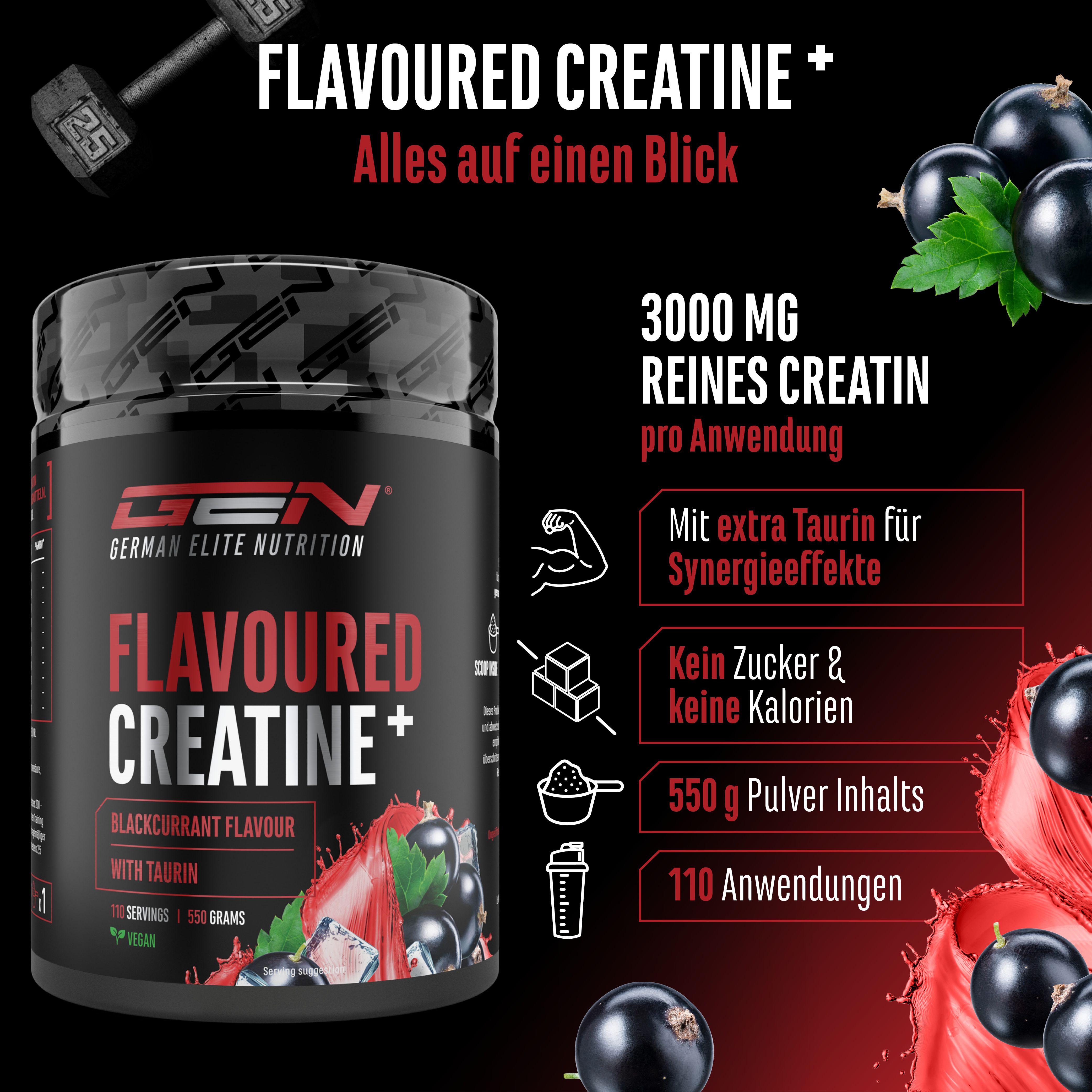GEN Flavoured Creatine+ Dose, schwarze Johannisbeere. 3000mg reines Creatin pro Anwendung. 550g Pulver, 110 Anwendungen.