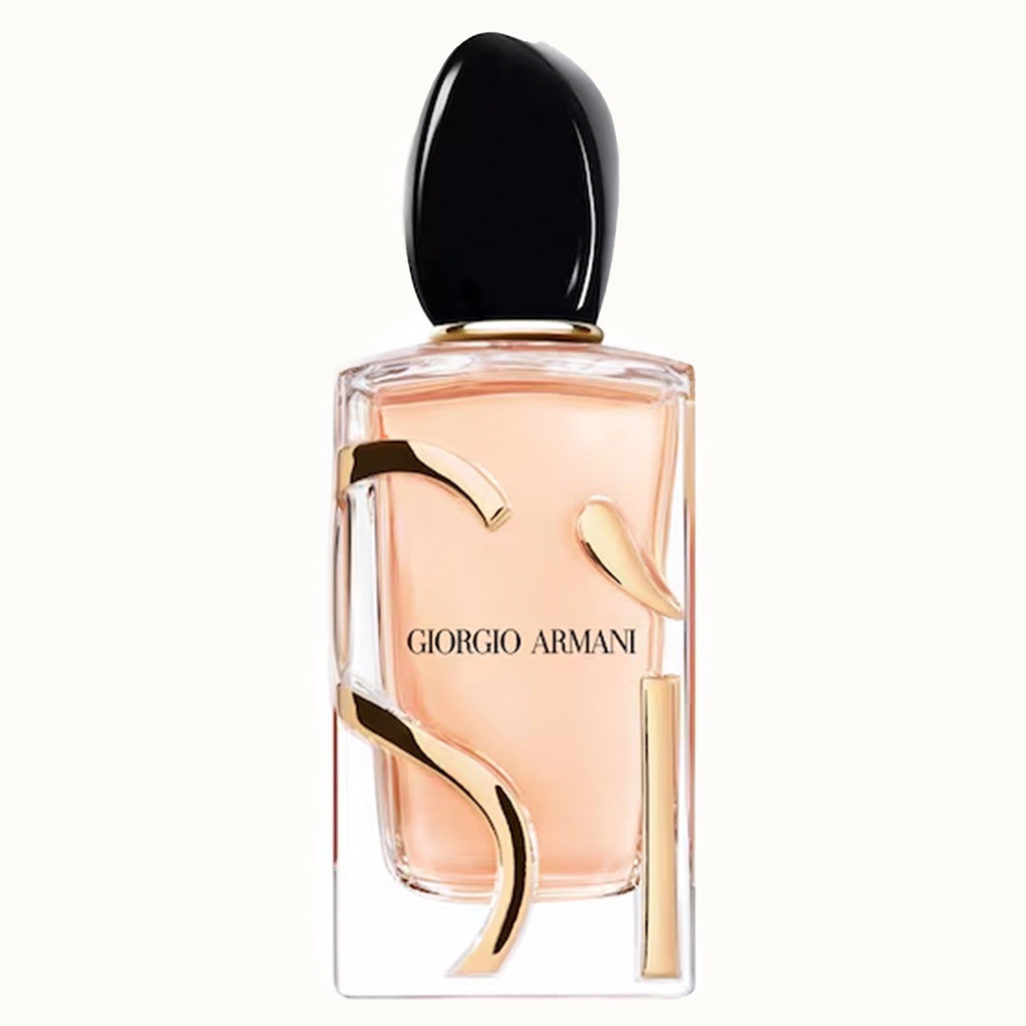 Parfümflakon mit schwarzem Verschluss und goldfarbenen Verzierungen. Aufschrift: GIORGIO ARMANI.