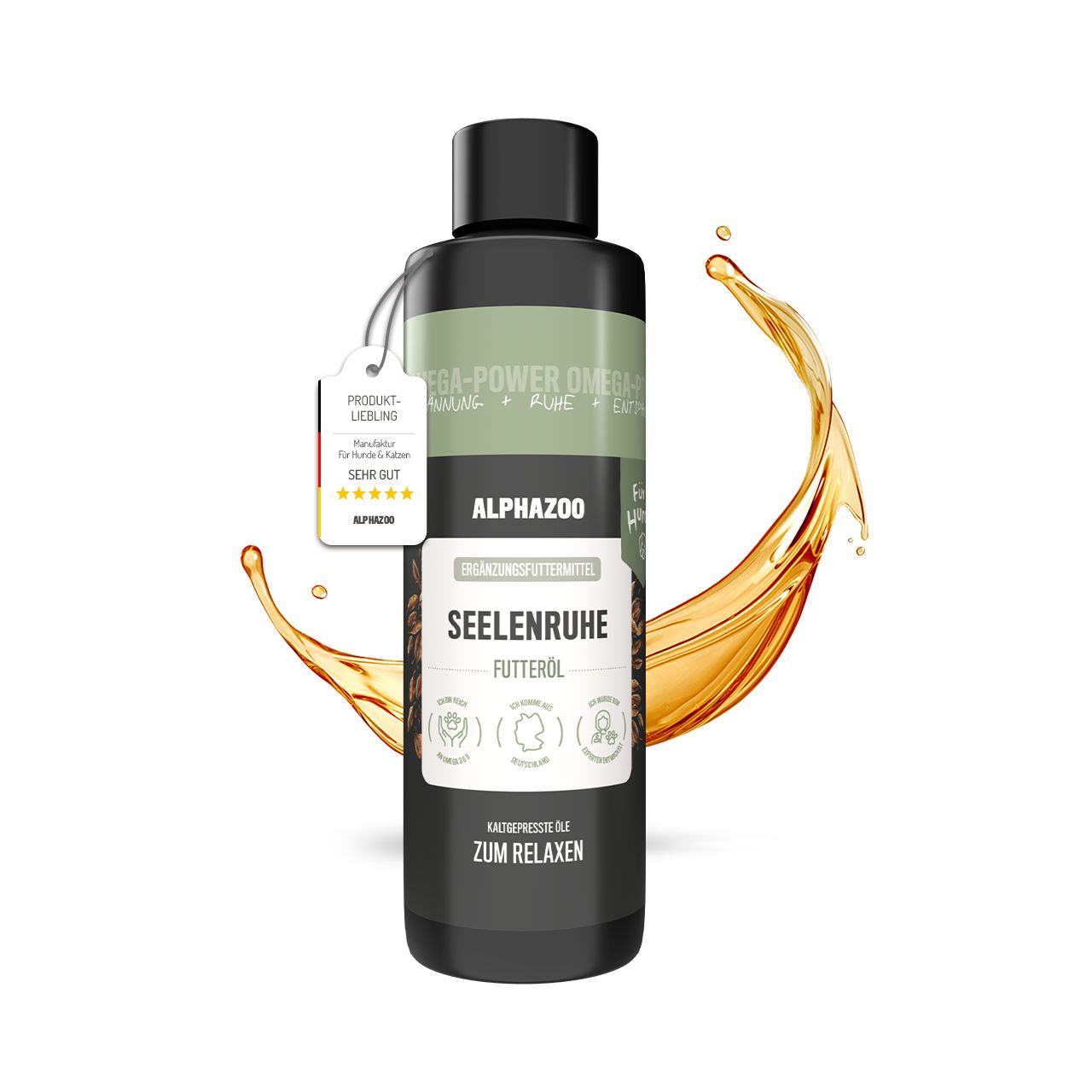 Schwarze Flasche ALPHAZOO Seelenruhe Futteröl. Etikett mit Produktinformationen und Siegel. Goldfarbener Flüssigkeitsspritzer.