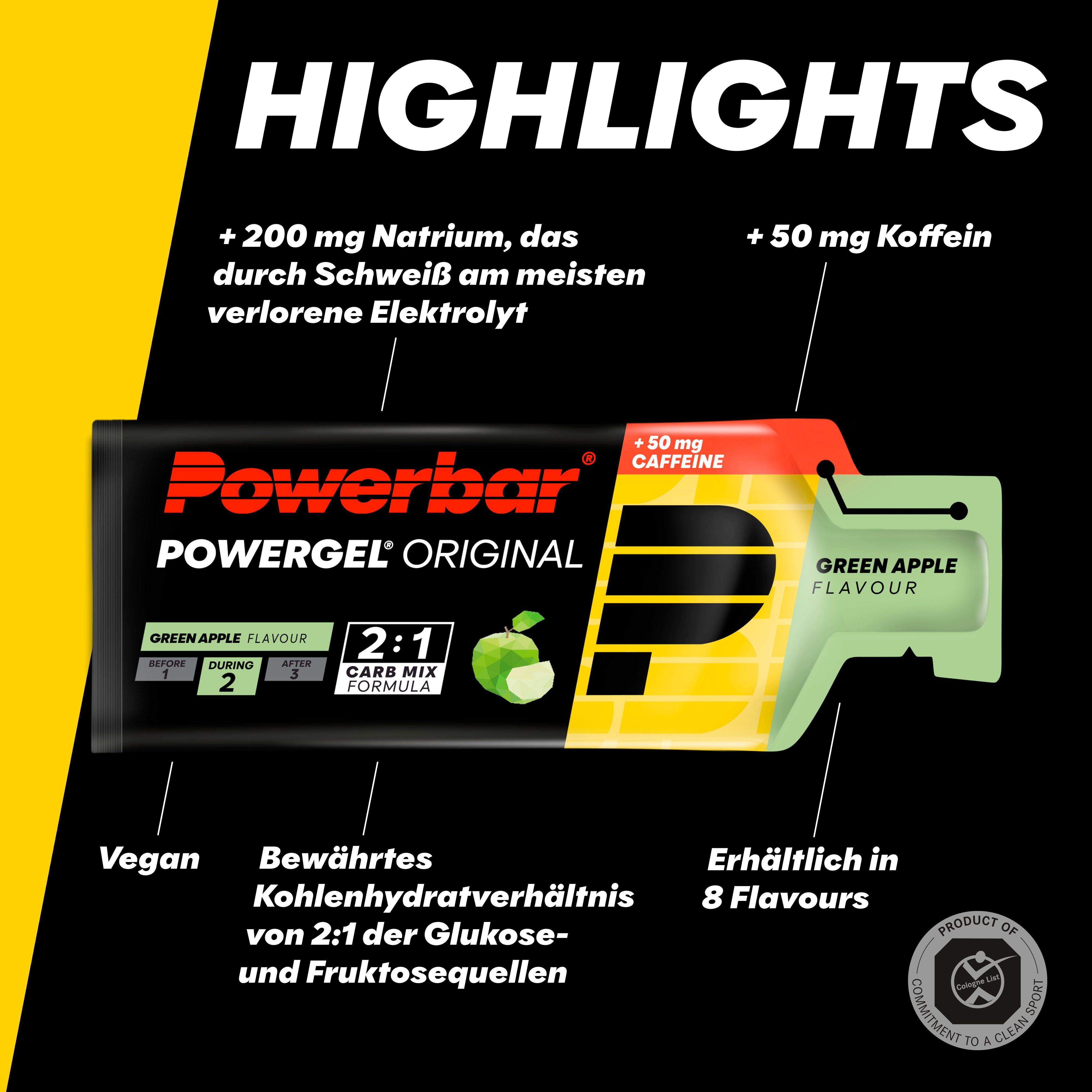 PowerGel Original Green Apple. Gel-Packung mit grünem Apfel-Geschmack. Enthält Koffein. 2:1 Carb Mix Formula. Vegan.