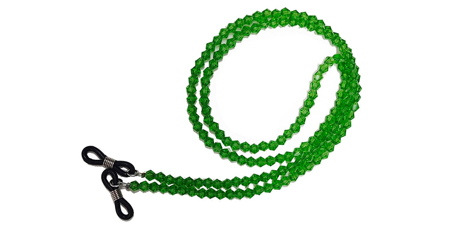 Grüne Brillenkette mit Perlen. Schwarze Schlaufen zur Befestigung an Brillenbügeln.