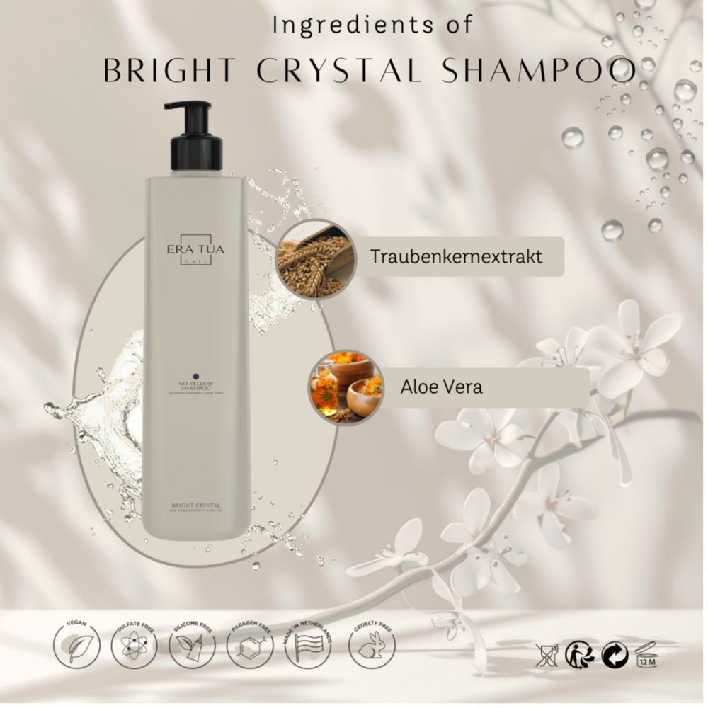 Beige Flasche mit schwarzem Pumpkopf. Text: Era Tua, Bright Crystal Shampoo. Inhaltsstoffe: Traubenkernextrakt, Aloe Vera.