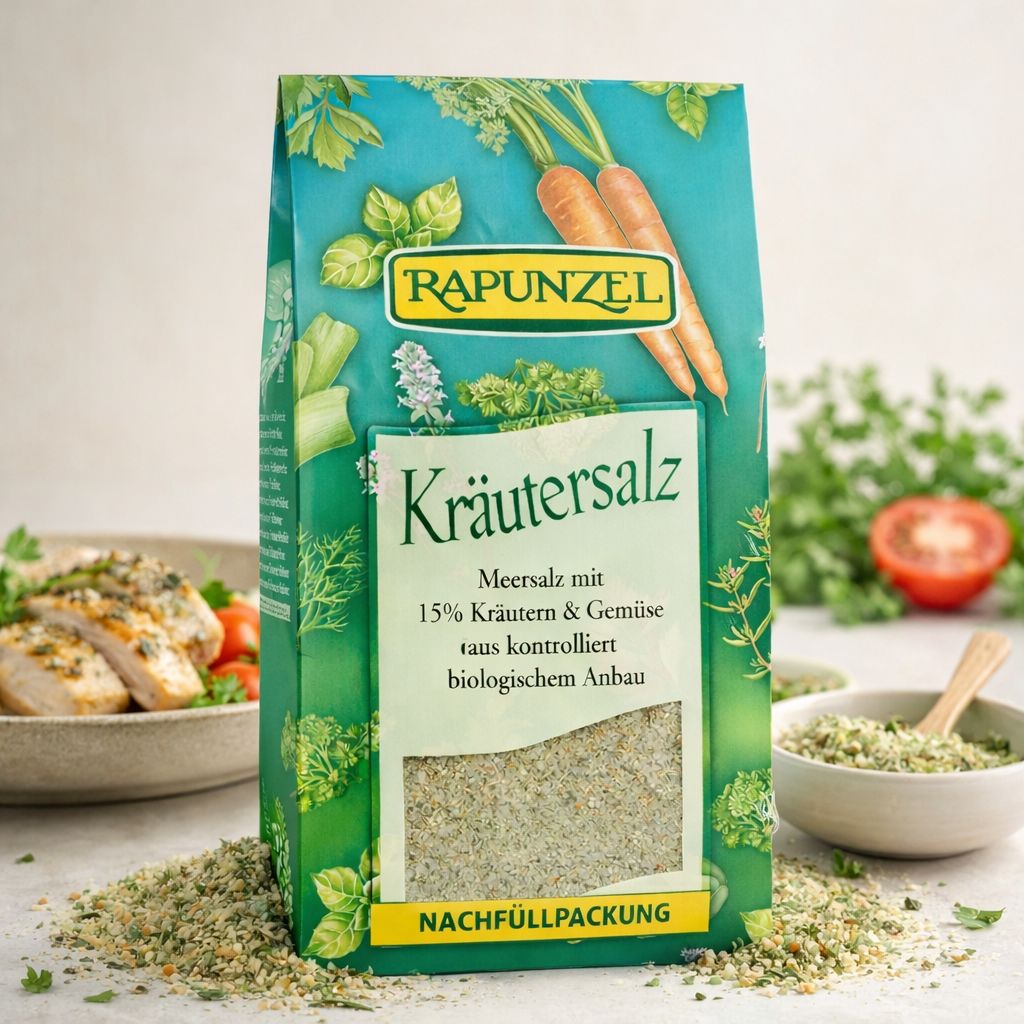 Rapunzel Kräutersalz Nachfüllpackung mit 15% Kräutern & Gemüse aus kontrolliert biologischem Anbau.