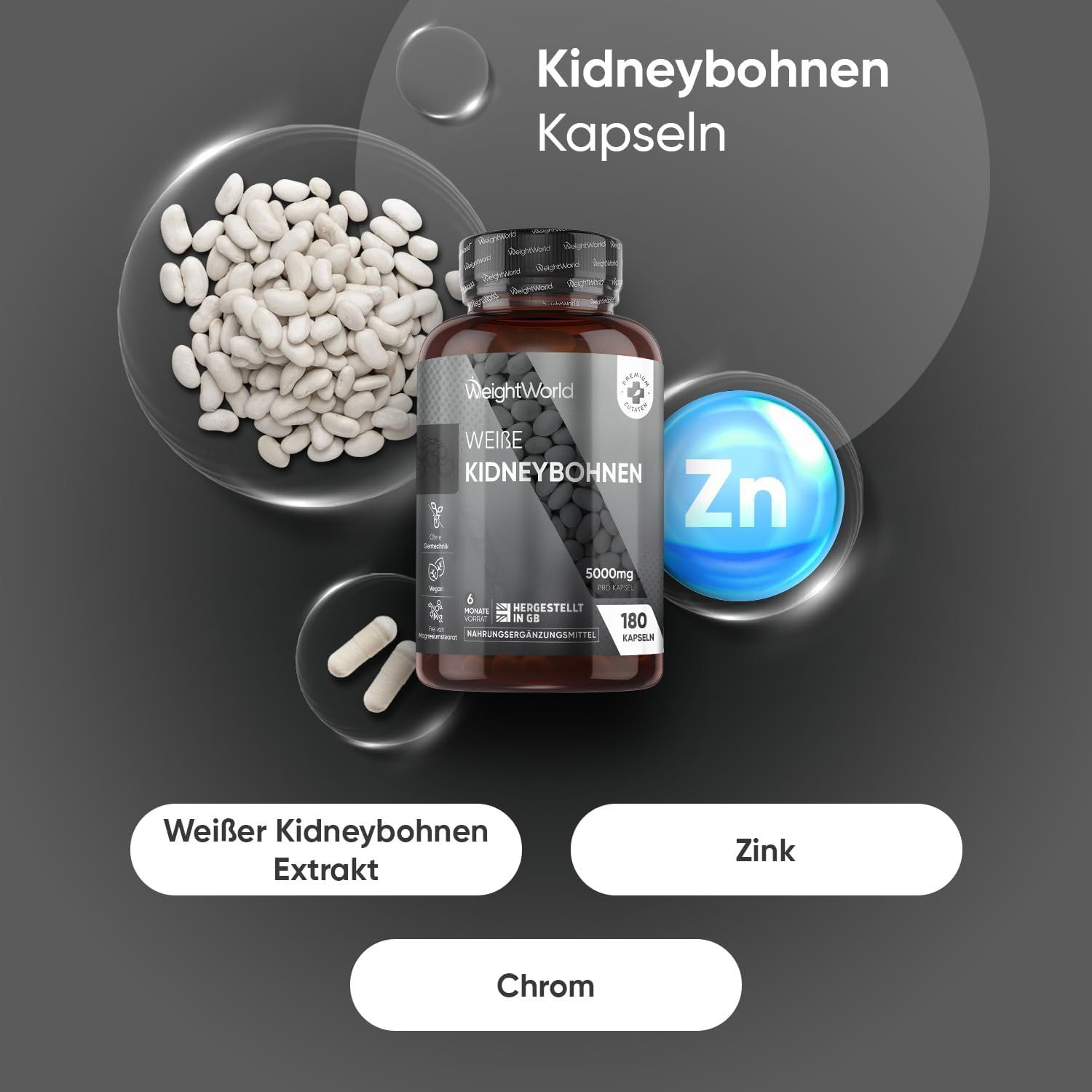 Produktabbildung mit Kidneybohnen Kapseln, weißen Bohnen und Zink-Symbol. Text: Weiße Kidneybohnen Extrakt, Zink, Chrom.