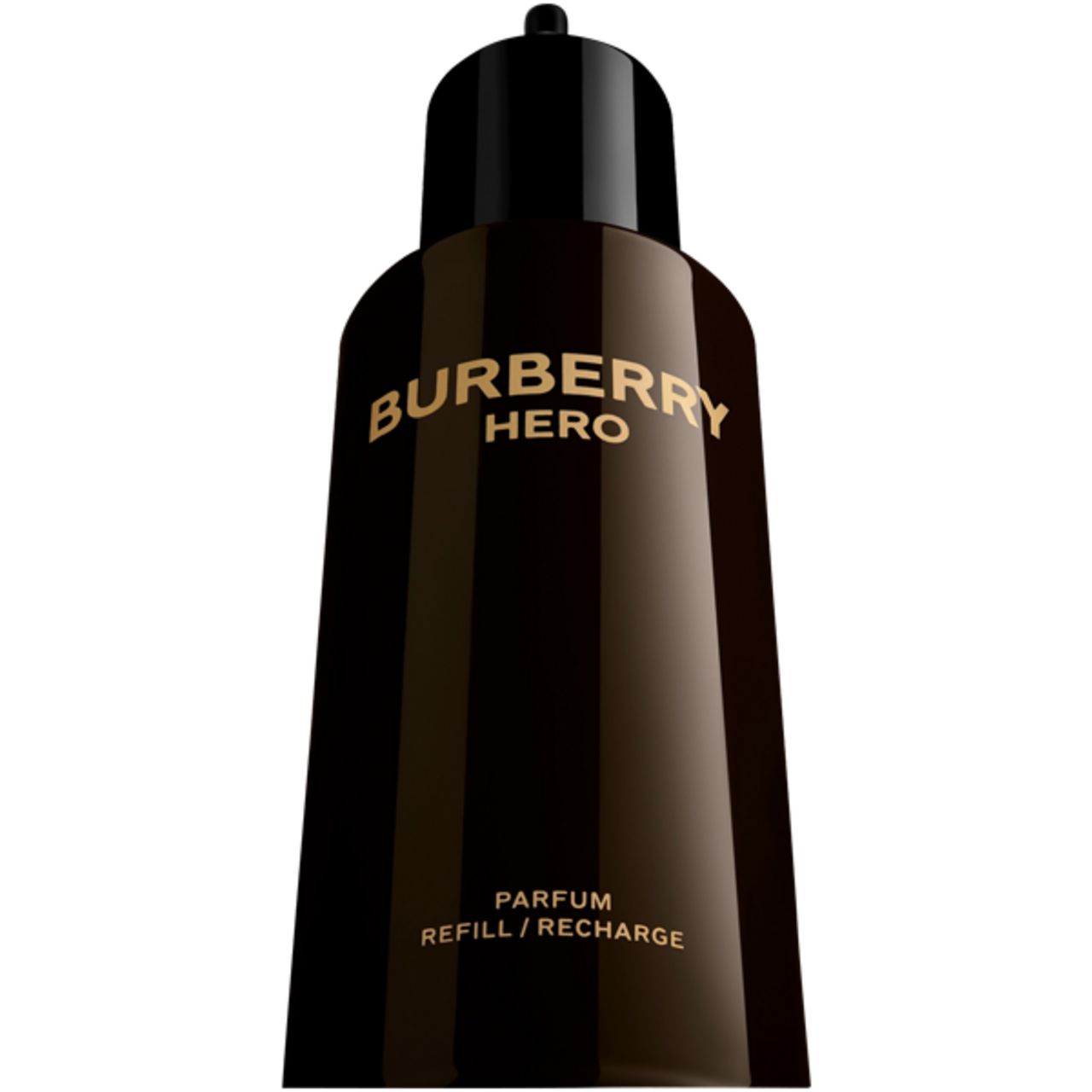 Braune Burberry Hero Parfum Refill-Flasche mit schwarzem Deckel. Aufschrift: Burberry Hero, Parfum, Refill/Recharge.