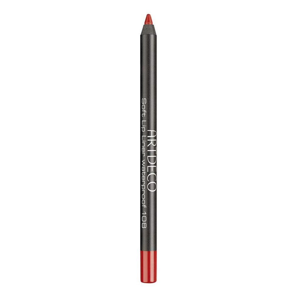 Roter Lipliner-Stift. Schwarzer Schaft mit Produktbezeichnung und Farbnummer. Spitze und unteres Ende in Rot.