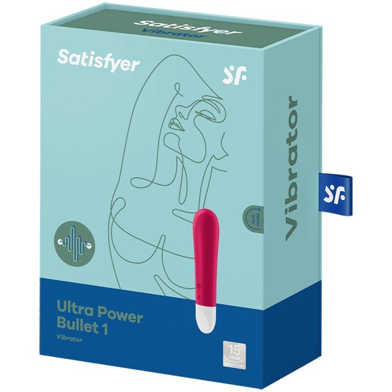 Verpackung des Vibrators. Hellblaue Schachtel mit Produkt und Illustration. Text: Ultra Power Bullet 1.