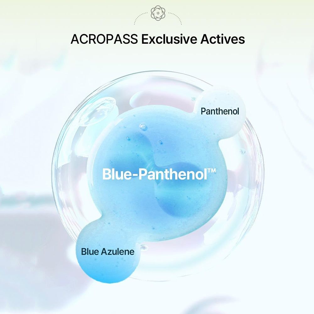 Abbildung von Blue-Panthenol, Blue Azulene und Panthenol. Inhaltsstoffe der ACROPASS-Produktlinie. Blaue, runde Darstellung.