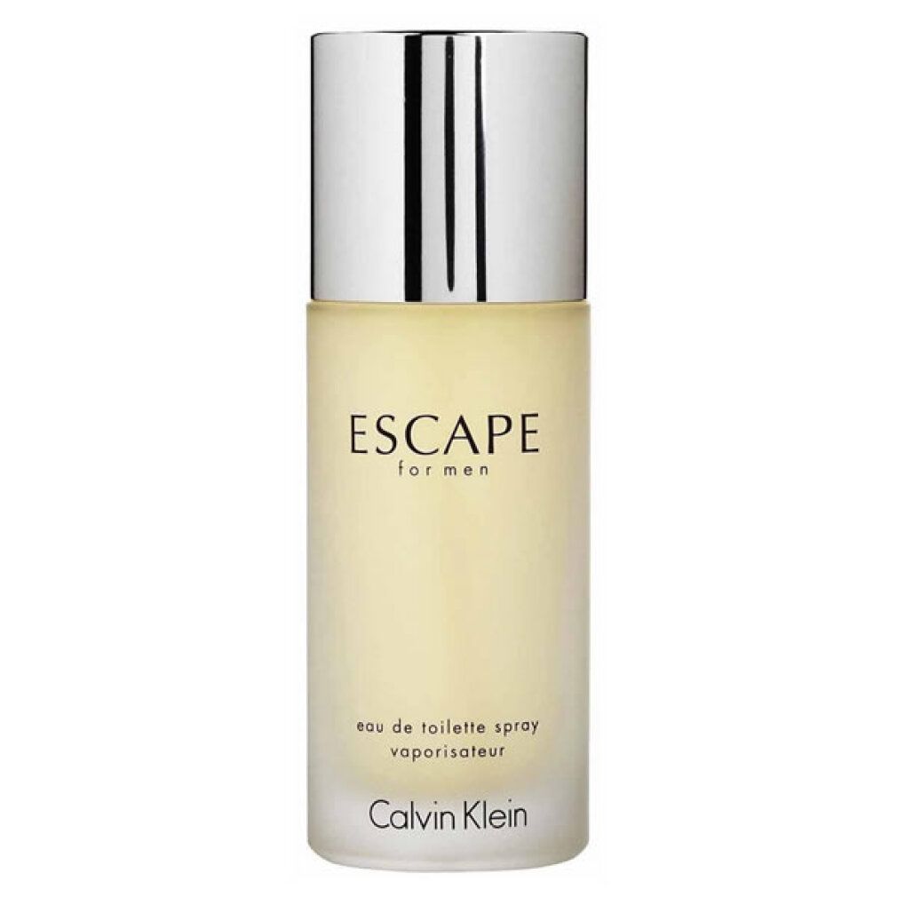 Flakon mit silbernem Deckel. 'ESCAPE for men' und 'Calvin Klein' Schriftzug. Eau de Toilette Spray.
