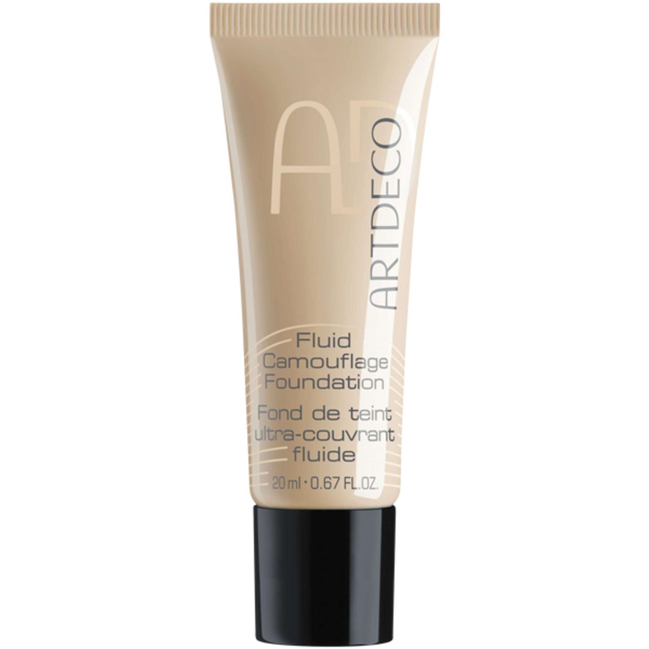 Artdeco Fluid Camouflage Foundation Tube. Beige Tube mit schwarzem Deckel. Produktname und Marke sind deutlich sichtbar.