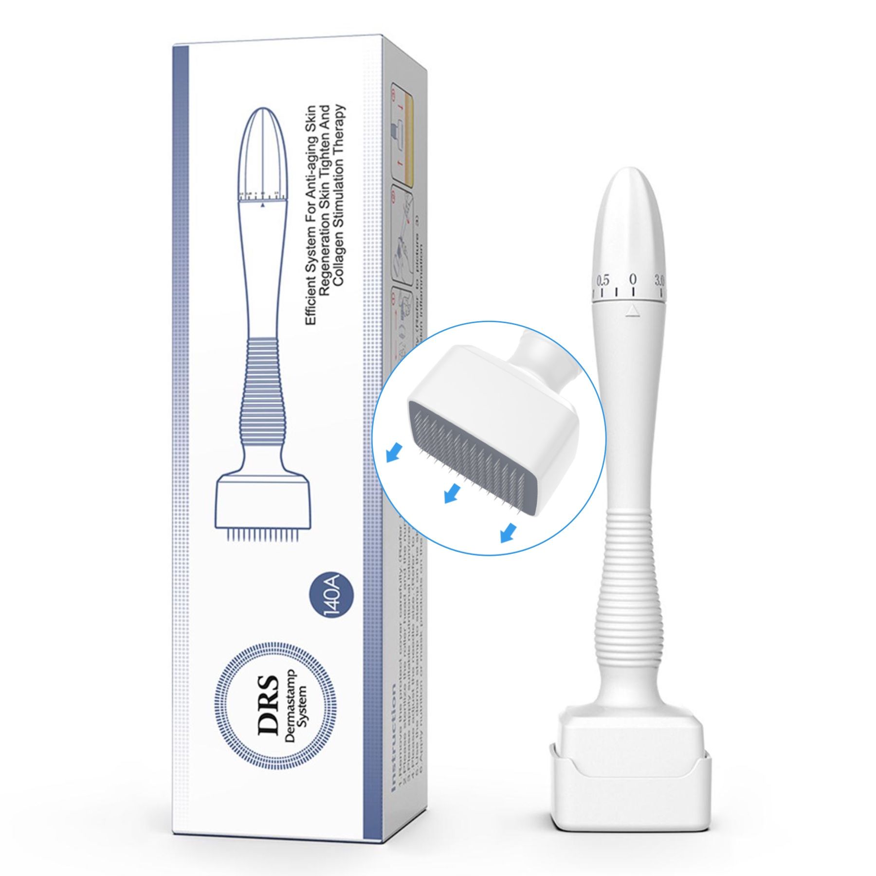 Weißer Derma Stamp mit Verpackung. Aufdruck: DRS Dermastamp System 140A. Mit 40A Nadeln.