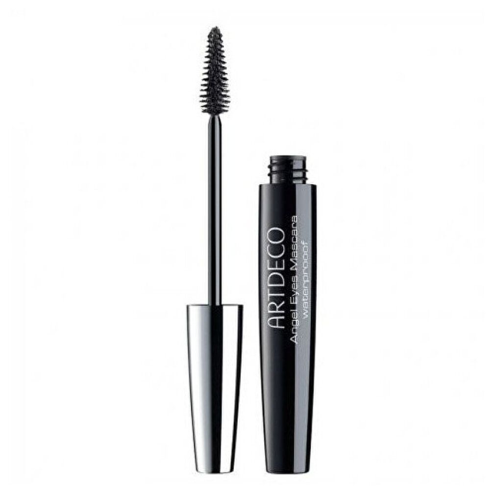 Schwarze Mascara-Tube und Bürste. Aufschrift: ARTDECO Angel Eyes Mascara waterproof. Auf weißem Hintergrund.