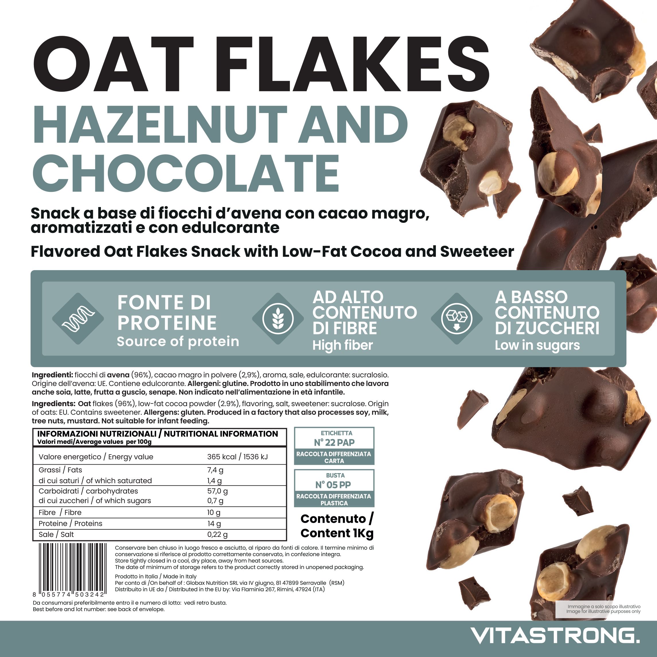 Nahaufnahme der Verpackung von Vitastrong Oat Flakes mit Haselnüssen und Schokolade. Text: Quelle für Protein, hoher Ballaststoffgehalt, wenig Zucker.