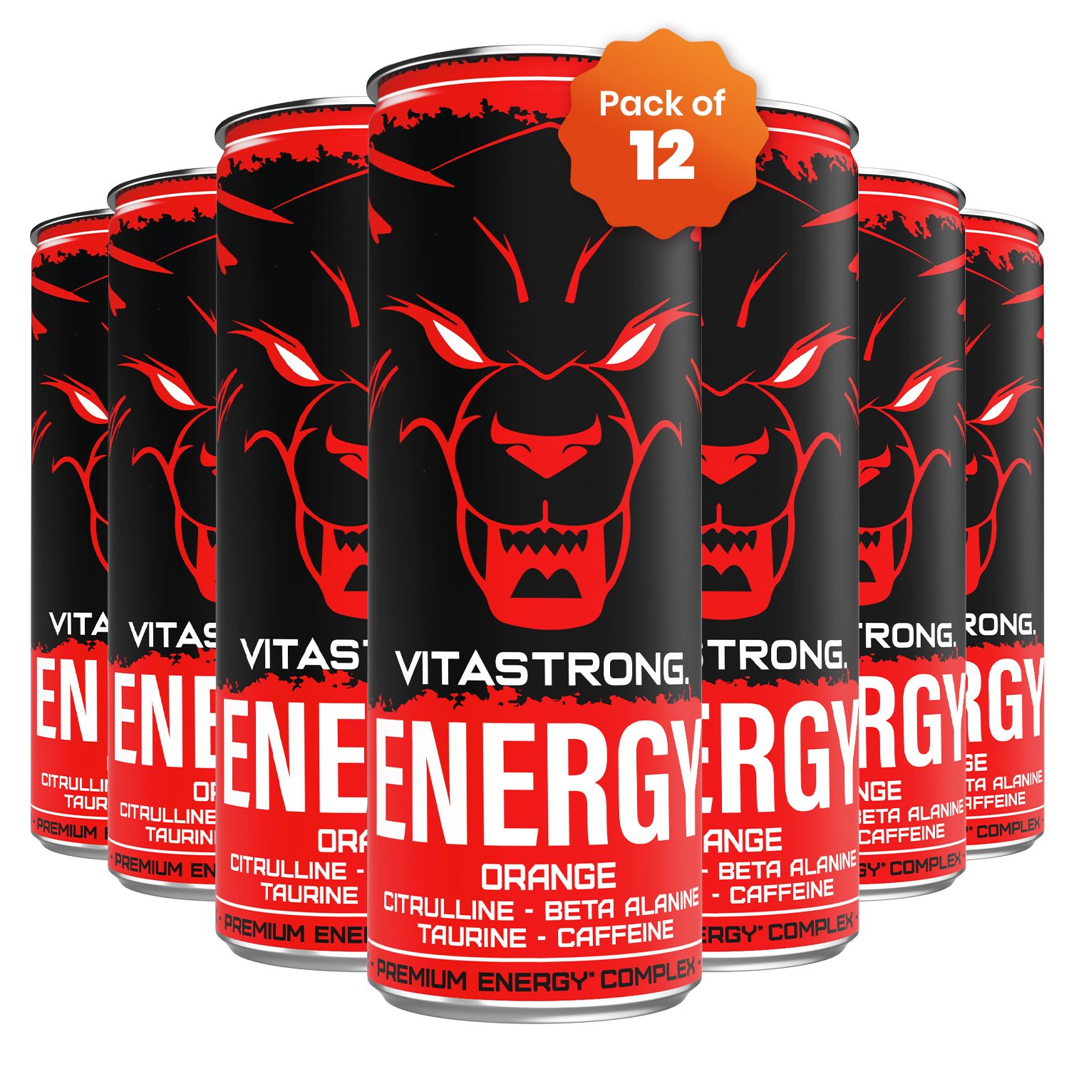 Vitastrong Energy Orange. 6 Dosen nebeneinander. Rote Dosen mit schwarzem Wolfsgesicht.