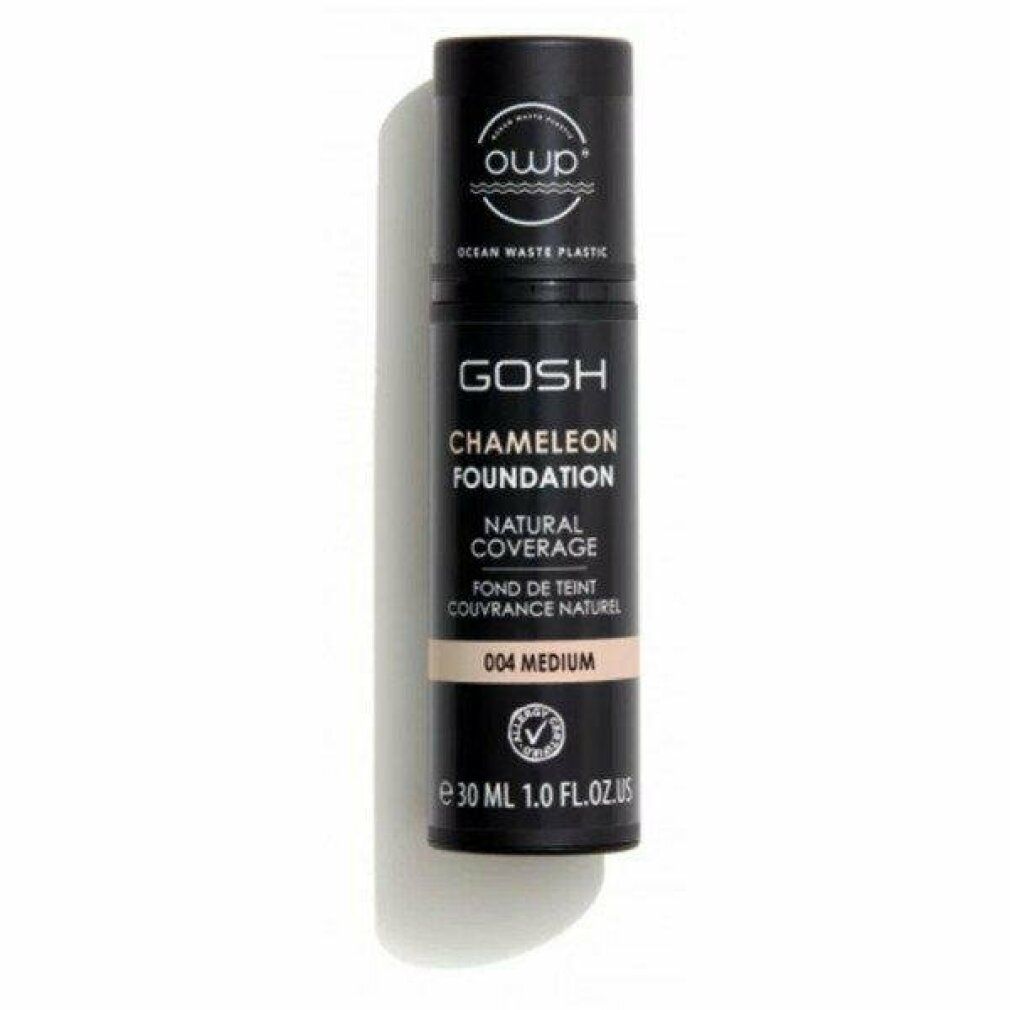 GOSH Chameleon Foundation, Natural Coverage, 004 Medium. Schwarze Tube mit Produktinformationen und Zertifizierung.