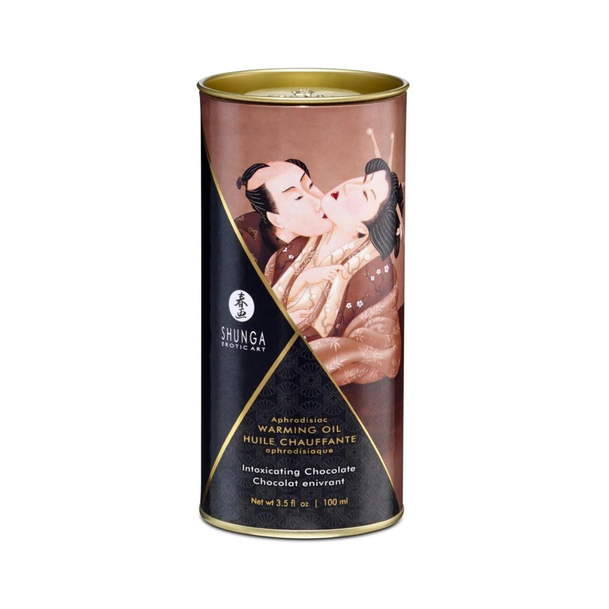 Zylindrische Dose mit Abbildung eines Paares. Text: Shunga, Warming Oil, Intoxicating Chocolate.