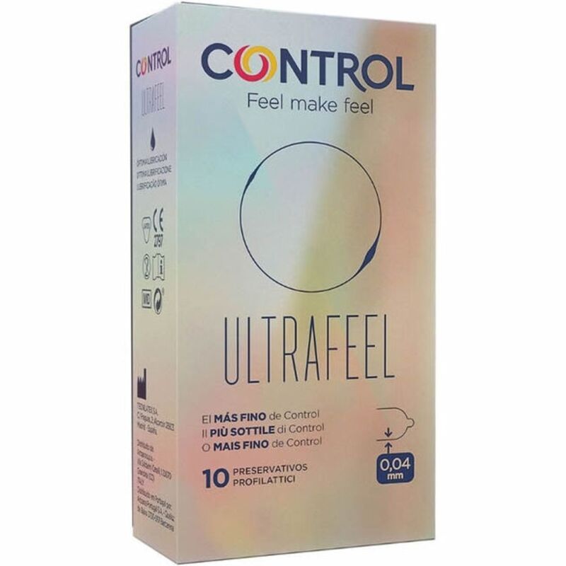 Produktverpackung CONTROL ULTRAFEEL. Enthält 10 Kondome. Text in Spanisch, Italienisch und Portugiesisch. Dicke 0,04 mm.