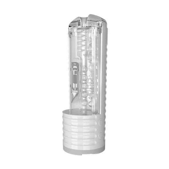 Weißes, zylindrisches Gerät mit transparentem Innenleben. Strukturierte Oberfläche, geriffeltes Design. Unterteil mit Rillen.