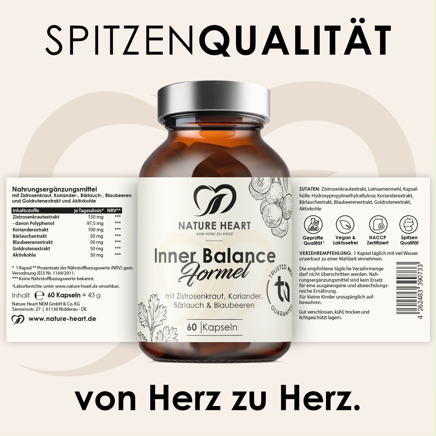 Braune Glasflasche mit Kapseln. Aufschrift: Inner Balance Formel, 60 Kapseln. Text: Nahrungsergänzungsmittel. Logo: Nature Heart.