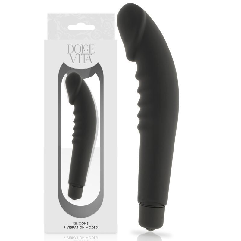 Schwarzer Silikon-Vibrator mit geriffelter Oberfläche und abgerundeter Spitze. Verpackung mit Logo und Produktinformationen.