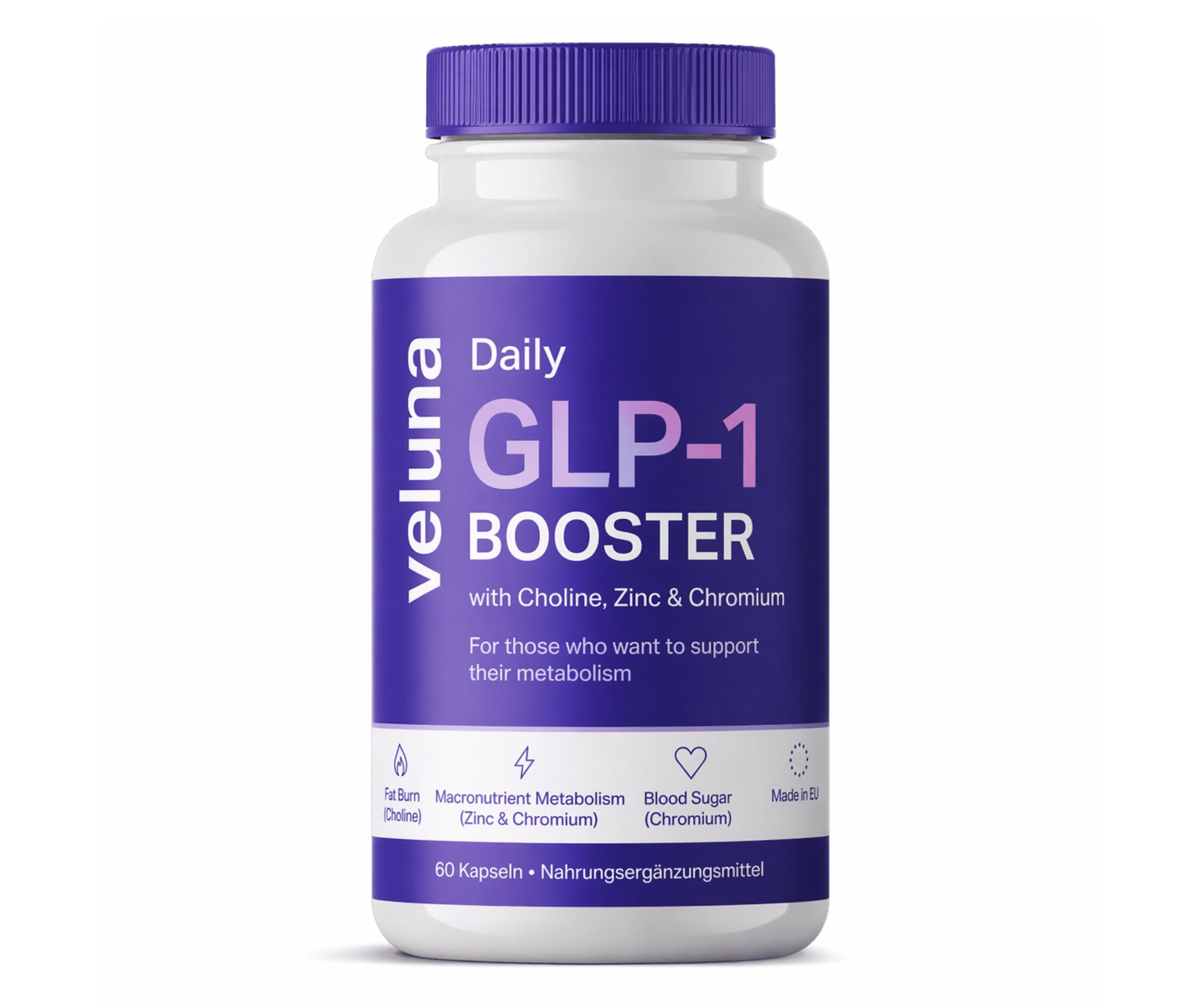 Weiße Flasche mit lila Etikett. Beschriftung: Daily GLP-1 BOOSTER. Enthält Cholin, Zink und Chrom. 60 Kapseln.