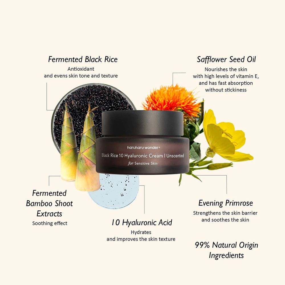 Dunkelbraune Tiegelcreme mit 'Black Rice 10 Hyaluronic Cream Unscented for Sensitive Skin' Aufschrift, daneben fermentierter schwarzer Reis, Bambussprossen, Safflower-Samenöl und Nachtkerze.
